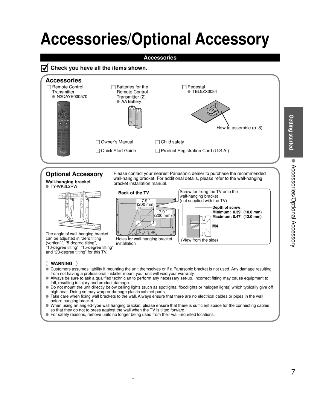 Panasonic TC-L3232C owner manual Accessories, Optional Accessory, Wall-hanging bracket, Back of the TV 