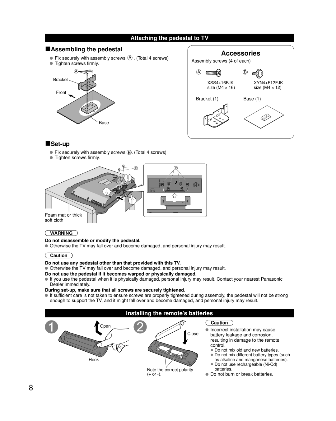 Panasonic TC-L3232C owner manual Attaching the pedestal to TV, Installing the remote’s batteries 