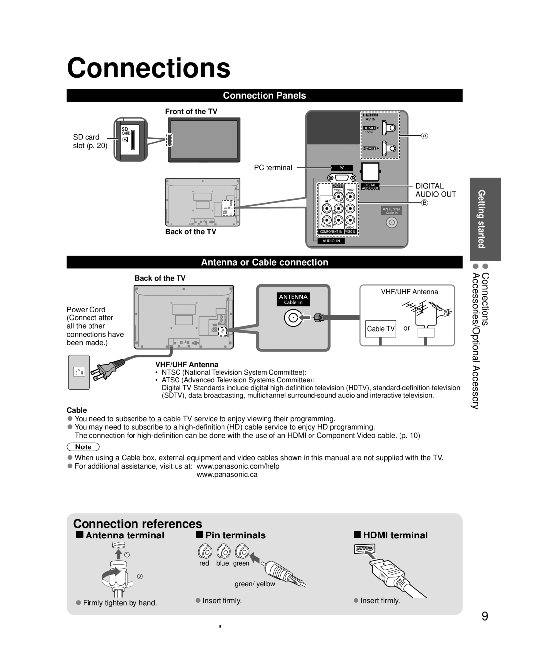 Panasonic TC-L3232C owner manual Connections, Connection Panels, Antenna or Cable connection 