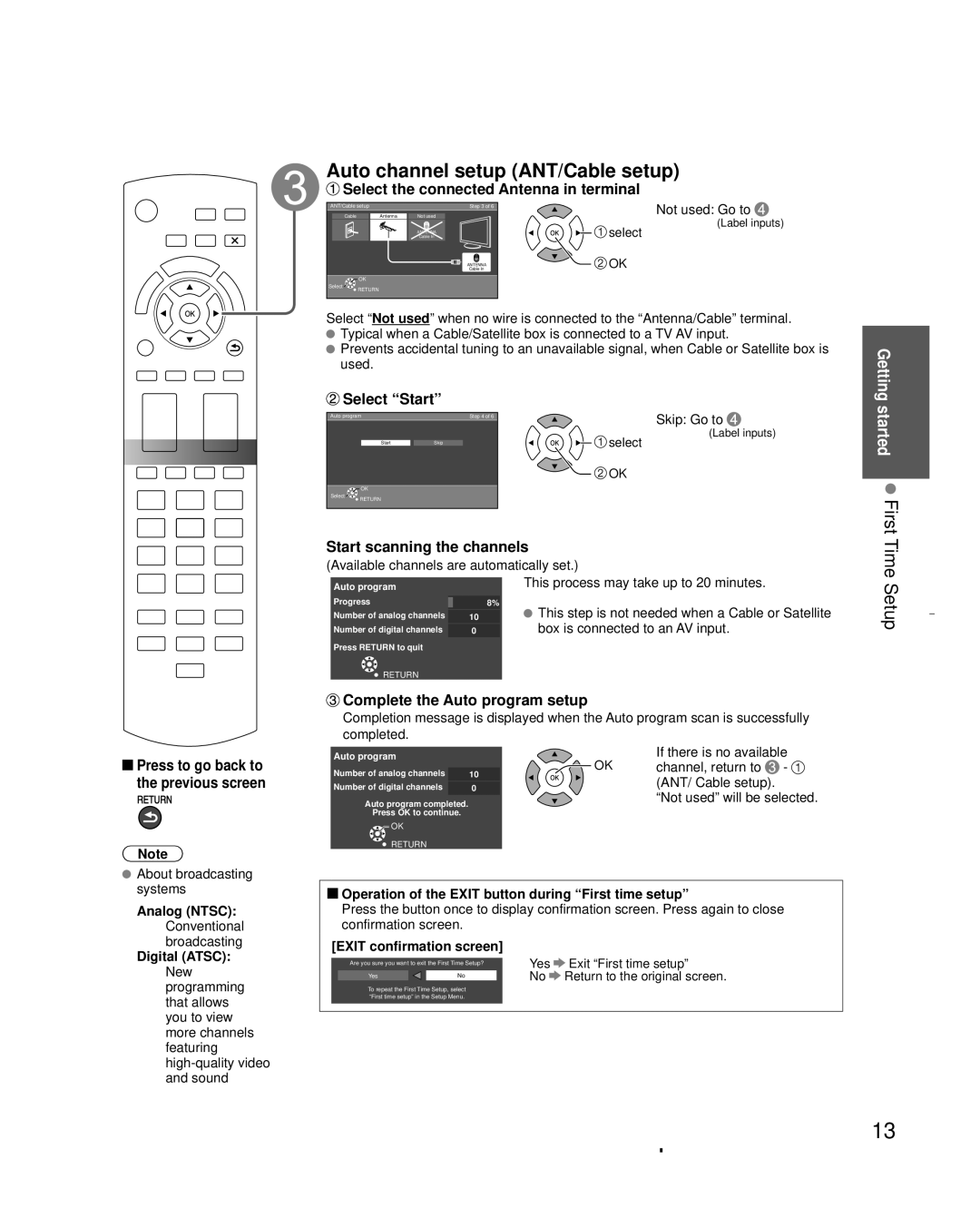 Panasonic TC-L32C3 Auto channel setup ANT/Cable setup, Started First Time Setup, Select the connected Antenna in terminal 