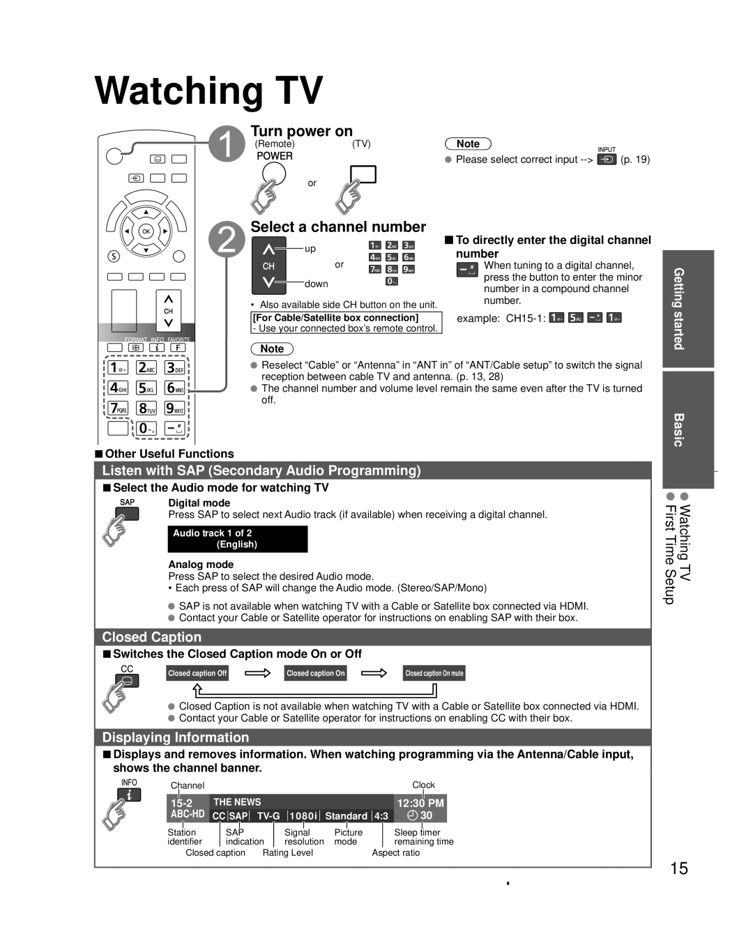 Panasonic TC-L32C3 owner manual Watching TV, Turn power on, Select a channel number 