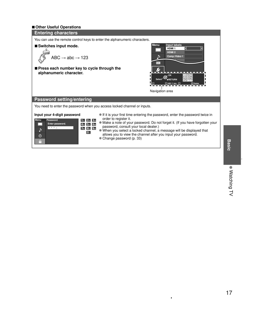 Panasonic TC-L32C3 owner manual Entering characters, Password setting/entering, Watching TV, Other Useful Operations 