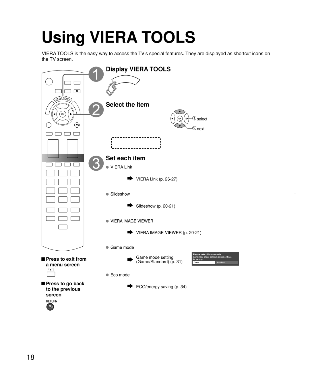 Panasonic TC-L32C3 owner manual Using Viera Tools, Display Viera Tools Select the item, Set each item 