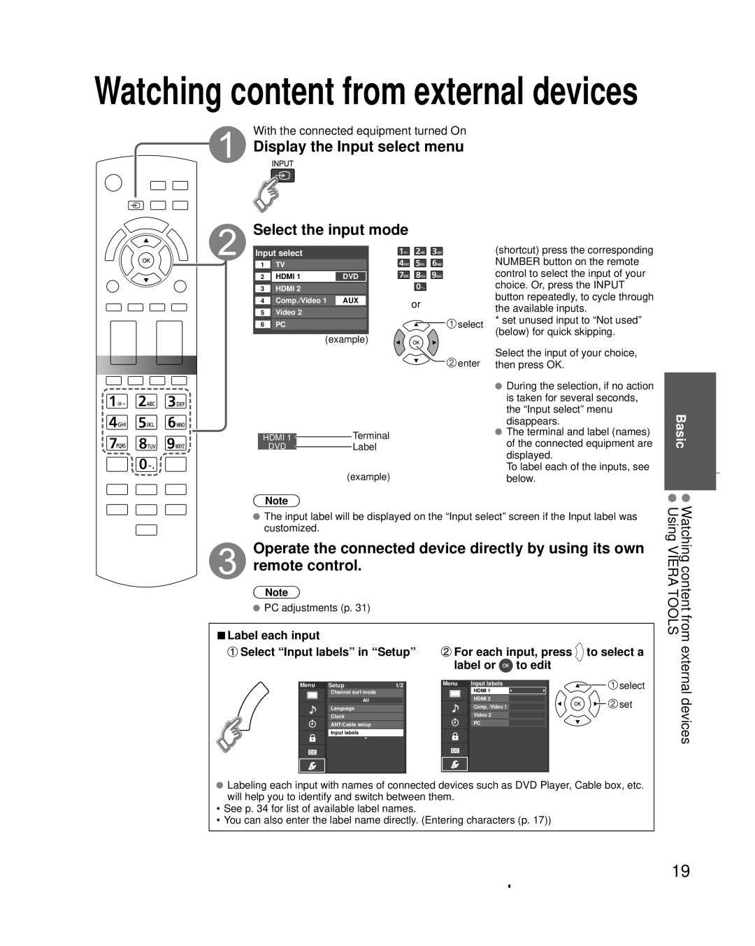 Panasonic TC-L32C3 owner manual Display the Input select menu Select the input mode, Label each input, PC adjustments p 