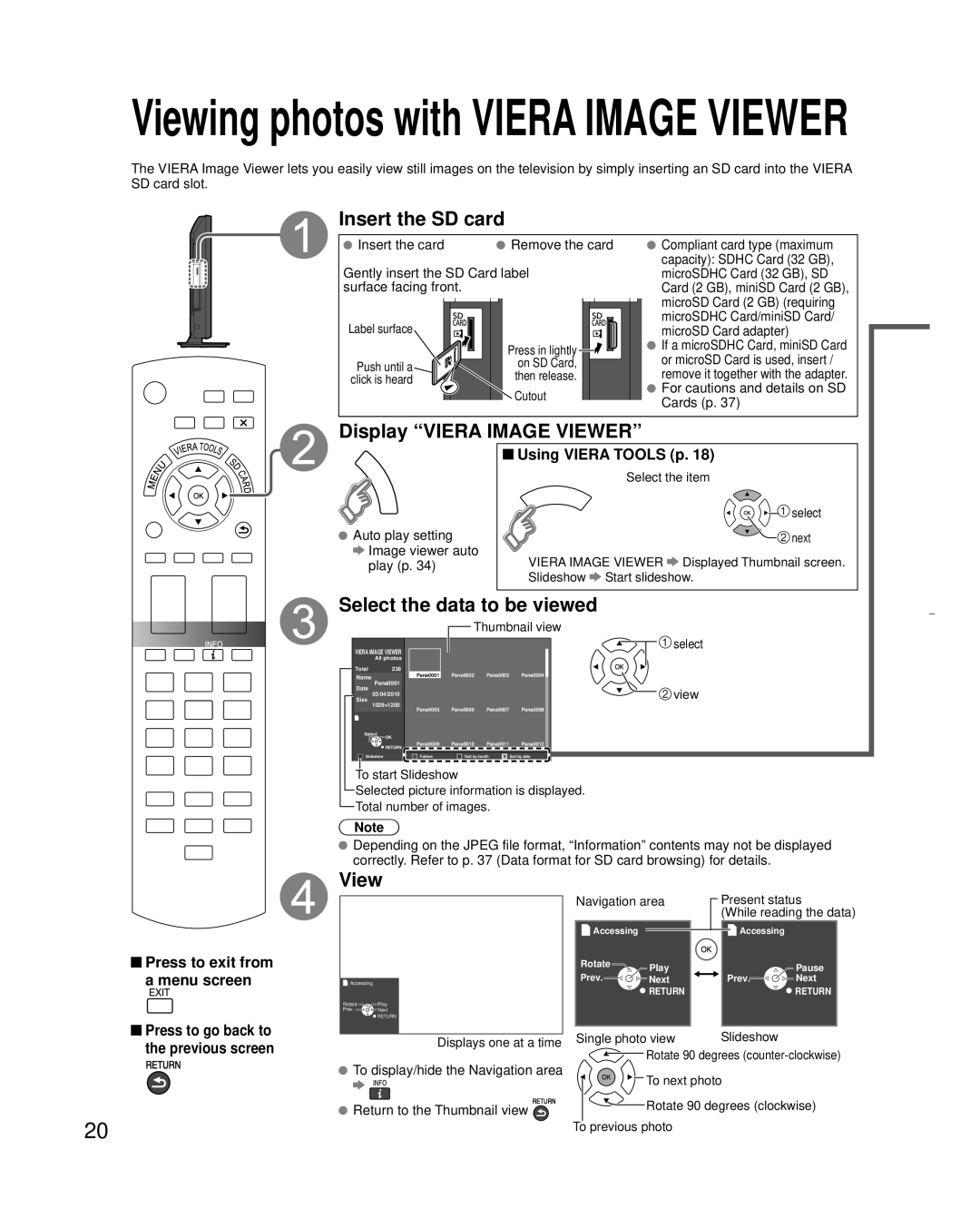 Panasonic TC-L32C3 owner manual Insert the SD card, Display Viera Image Viewer, Select the data to be viewed 