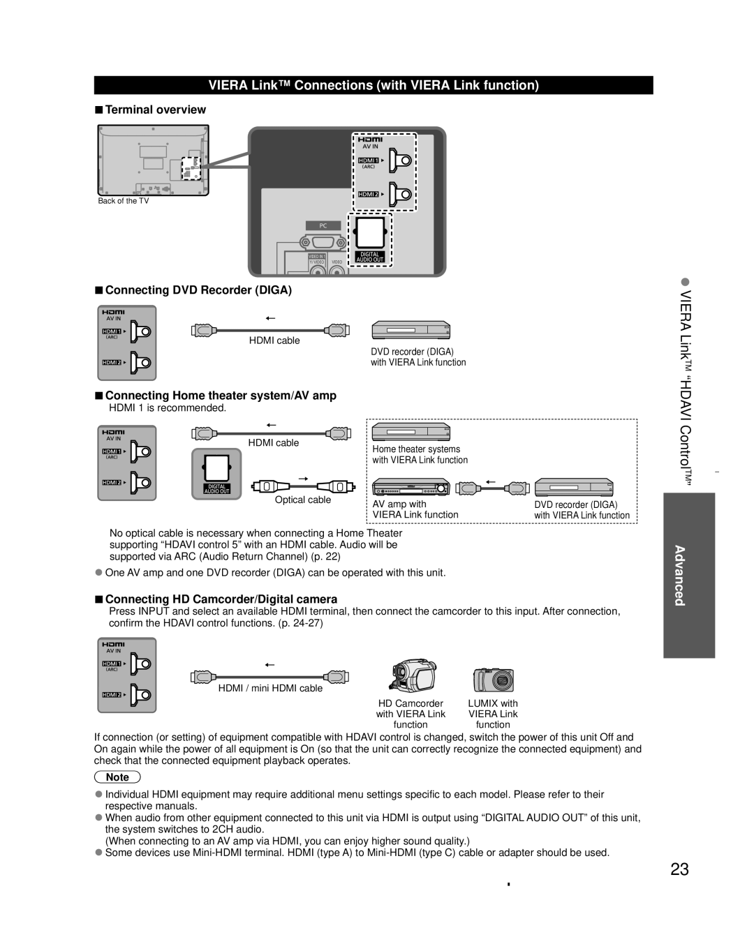 Panasonic TC-L32C3 owner manual Viera LinkTM Hdavi ControlTM, Viera Link Connections with Viera Link function, Advanced 