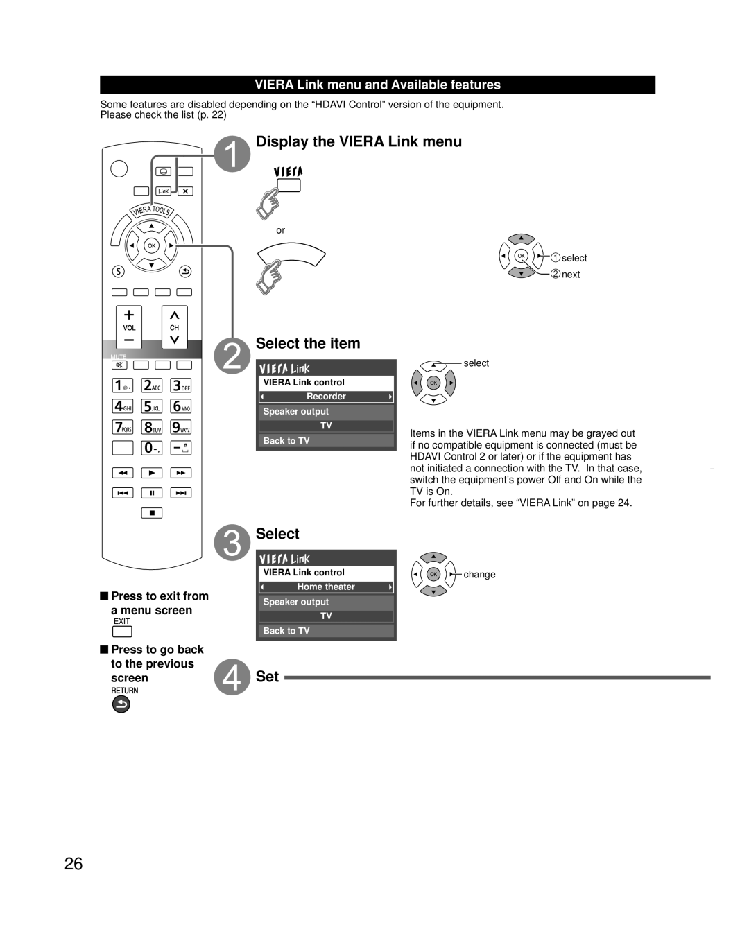 Panasonic TC-L32C3 owner manual Display the Viera Link menu, Select, Viera Link menu and Available features 