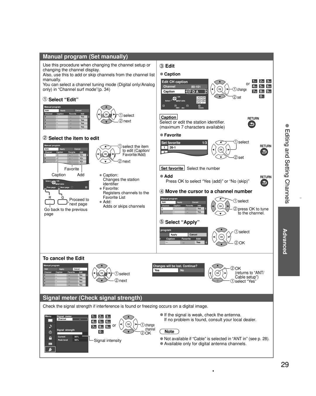 Panasonic TC-L32C3 owner manual Manual program Set manually, Setting Channels, Signal meter Check signal strength 