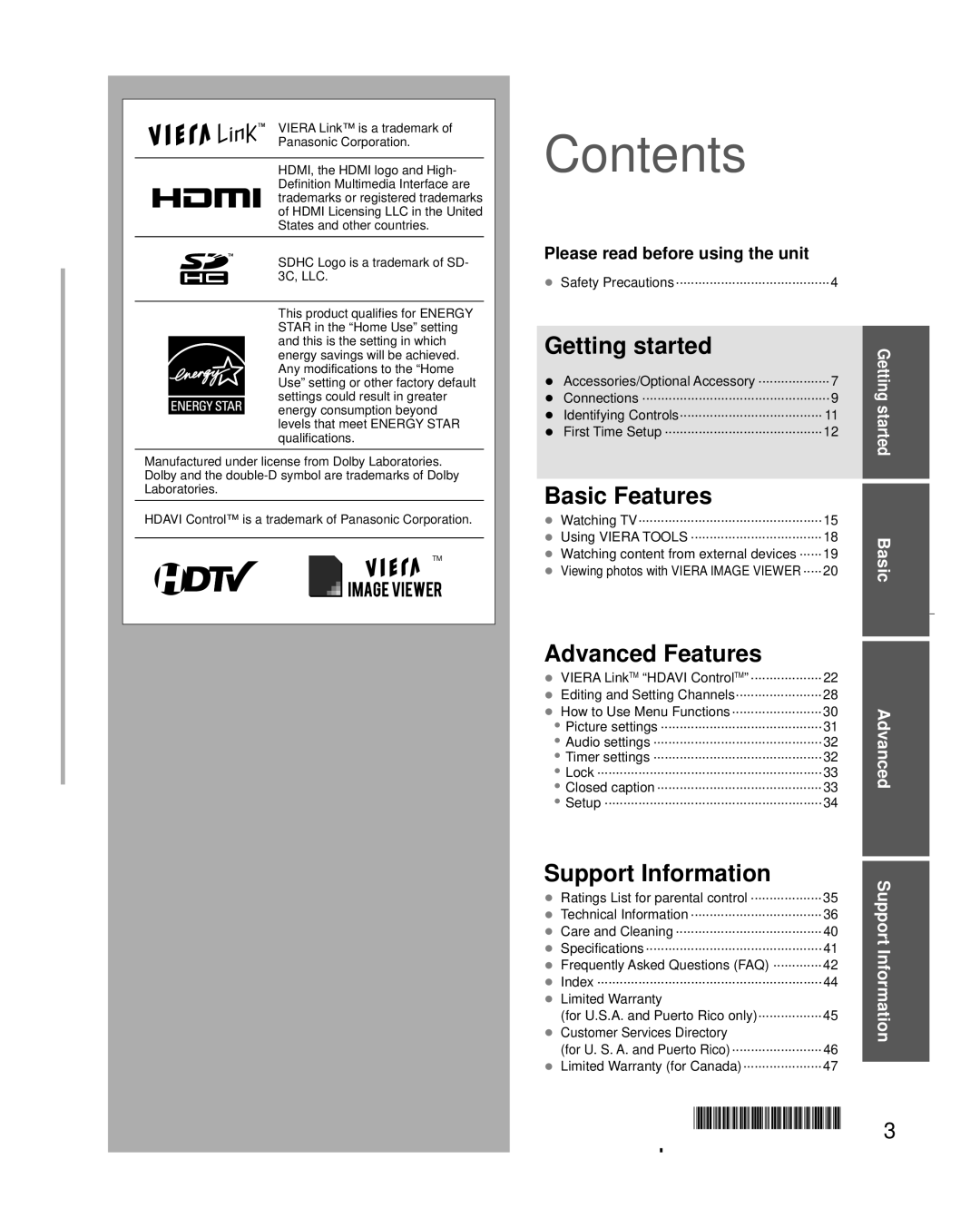 Panasonic TC-L32C3 owner manual Contents 