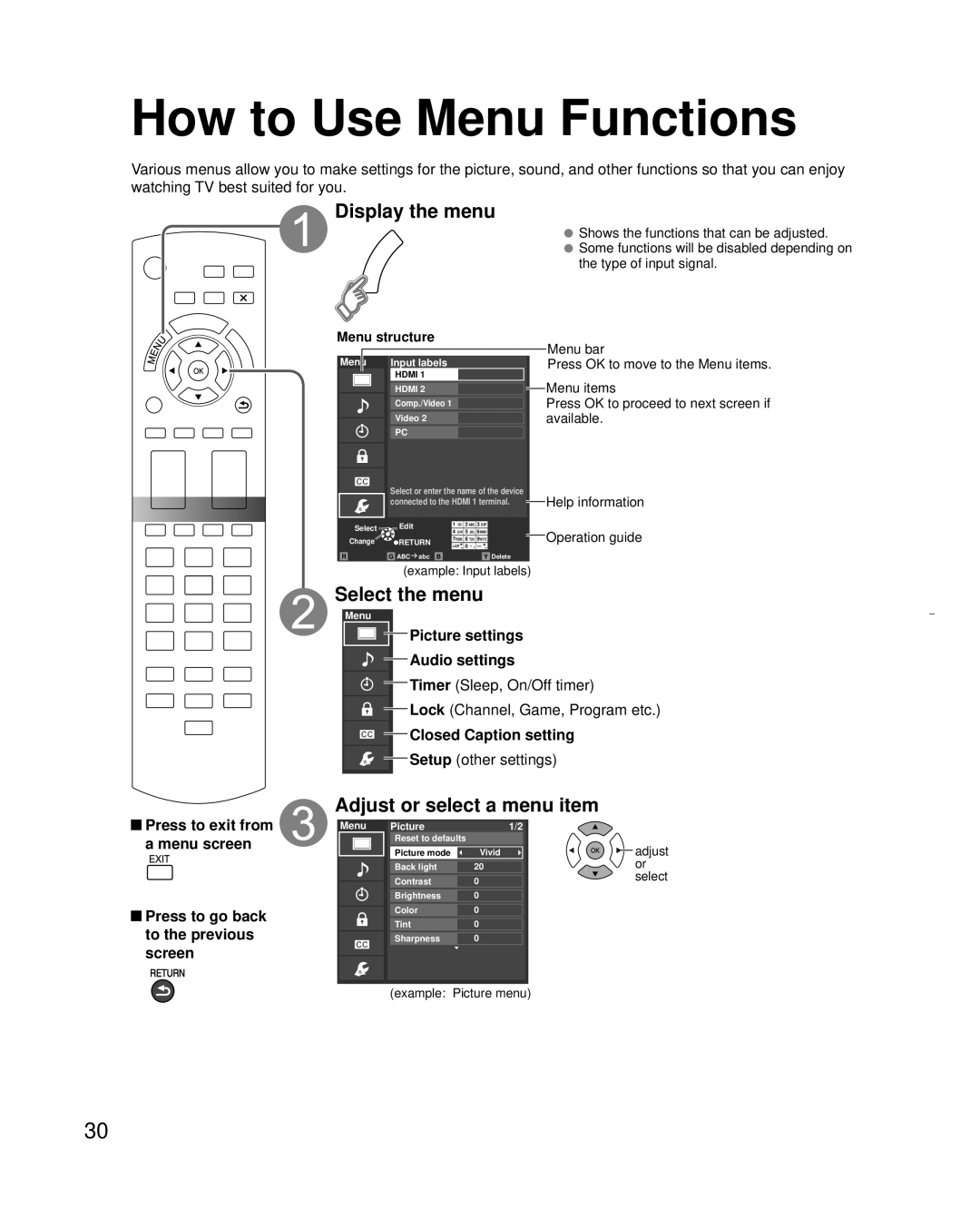 Panasonic TC-L32C3 Display the menu, Menu structure, Menu bar Press OK to move to the Menu items, Operation guide 