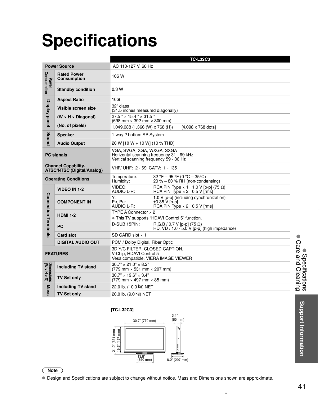 Panasonic TC-L32C3 owner manual Specifications 