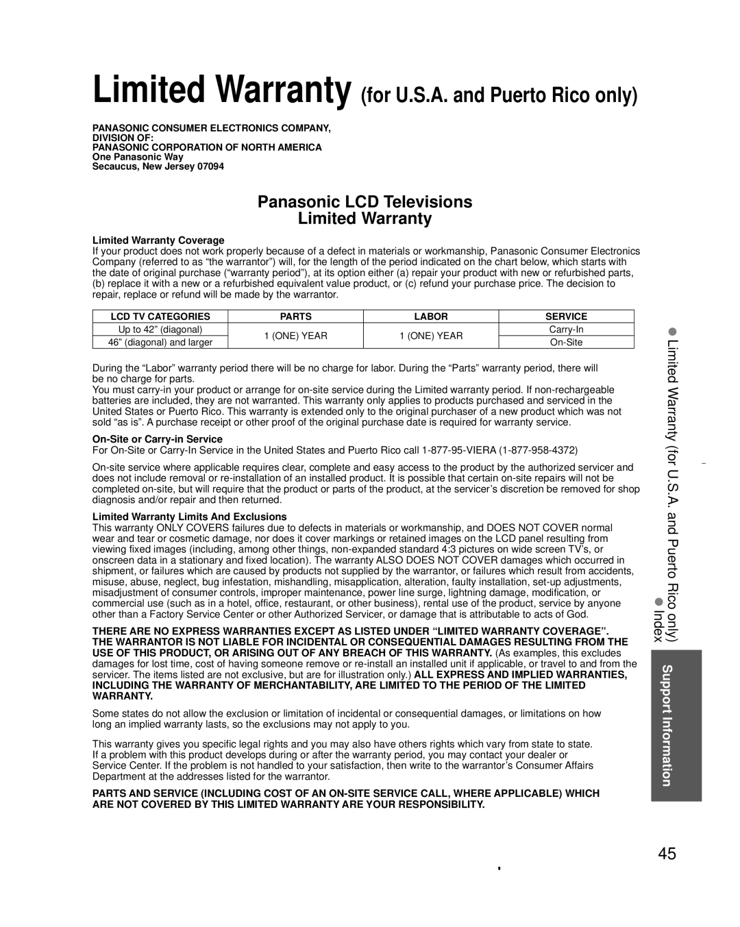 Panasonic TC-L32C3 Limited Warranty Coverage, On-Site or Carry-in Service, Limited Warranty Limits And Exclusions 