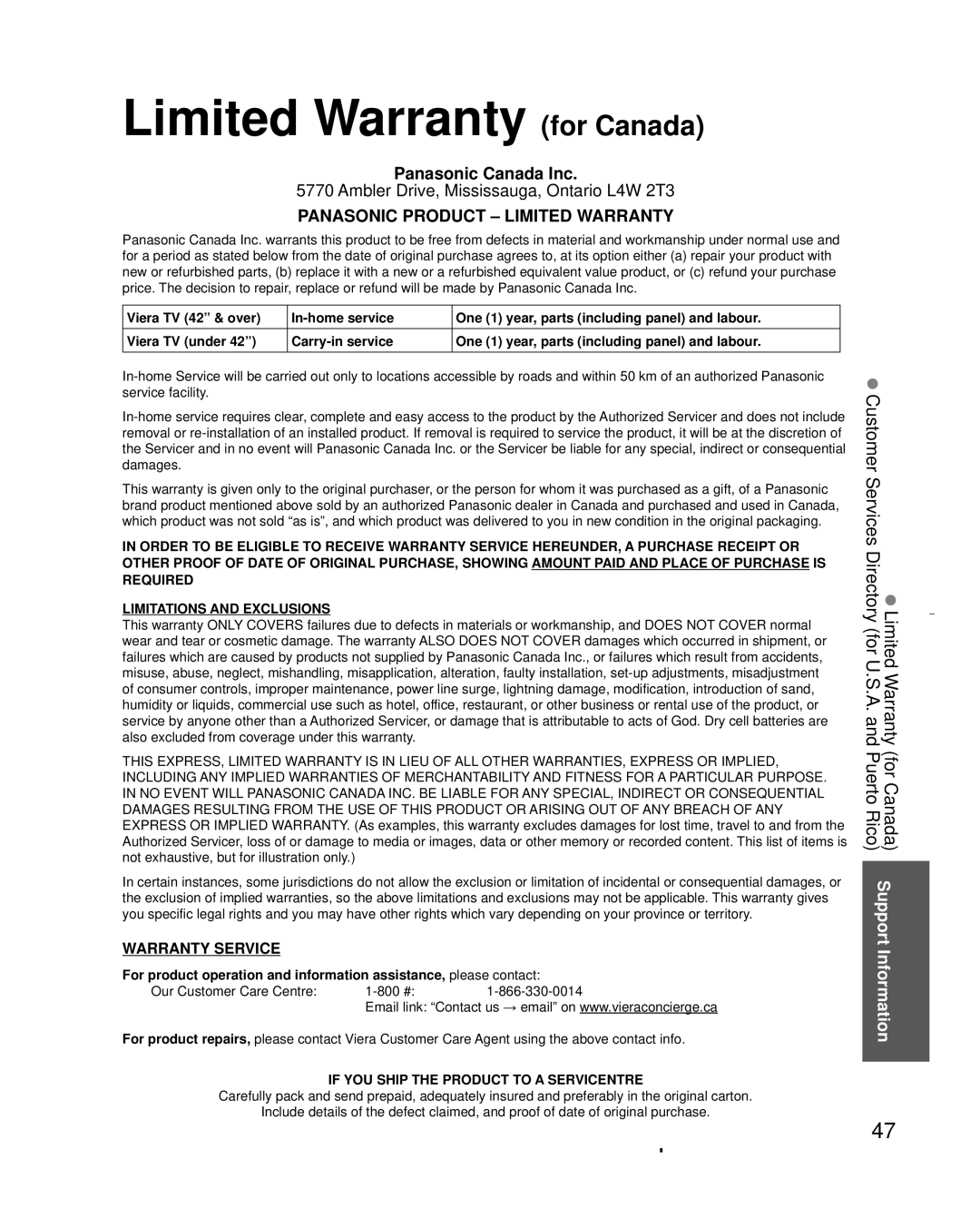 Panasonic TC-L32C3 owner manual Limited Warranty for Canada, Panasonic Product Limited Warranty 