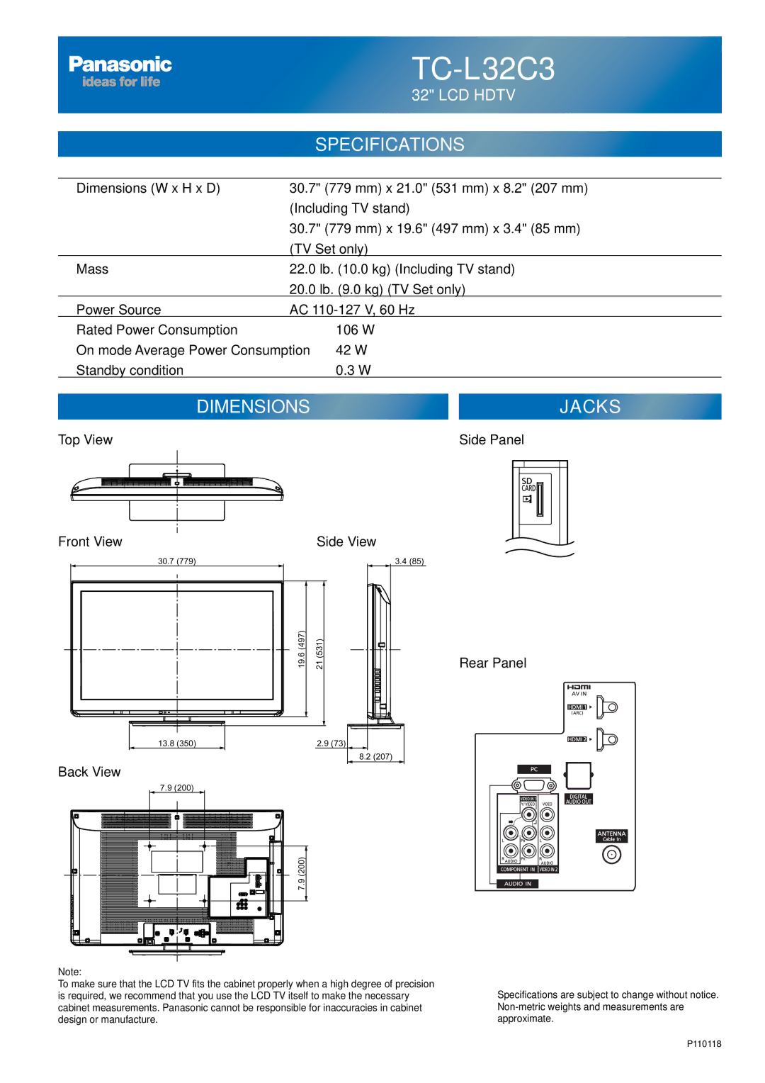 Panasonic TC-L32C3 owner manual Top View Side Panel Front View Side View, Back View Rear Panel 