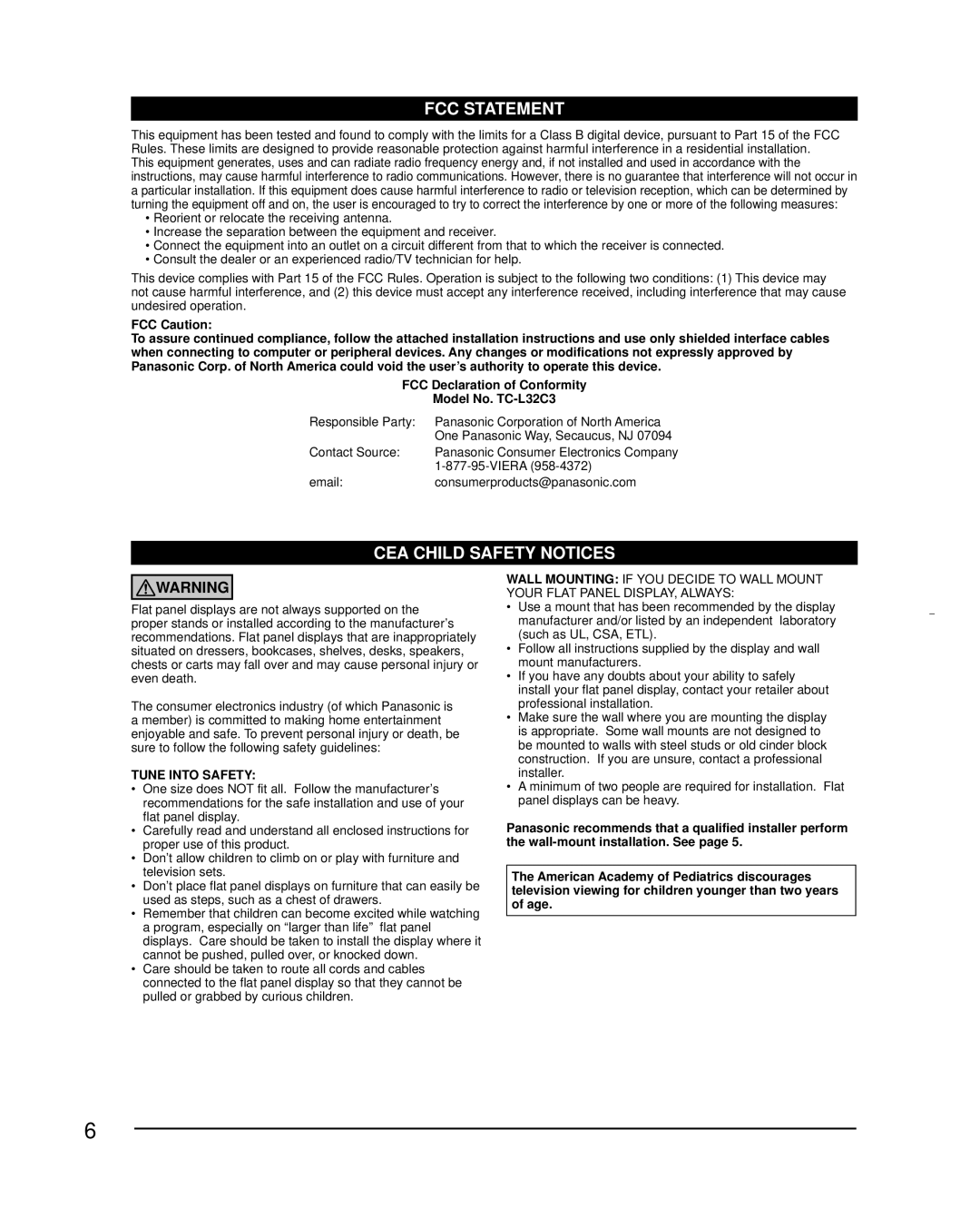 Panasonic TC-L32C3 owner manual Responsible Party Panasonic Corporation of North America, Contact Source, Viera 