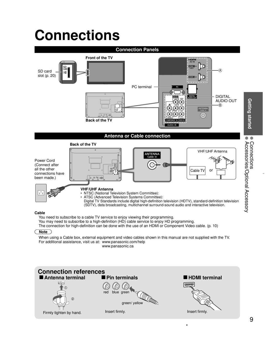 Panasonic TC-L32C3 owner manual Connections, Connection Panels, Antenna or Cable connection 