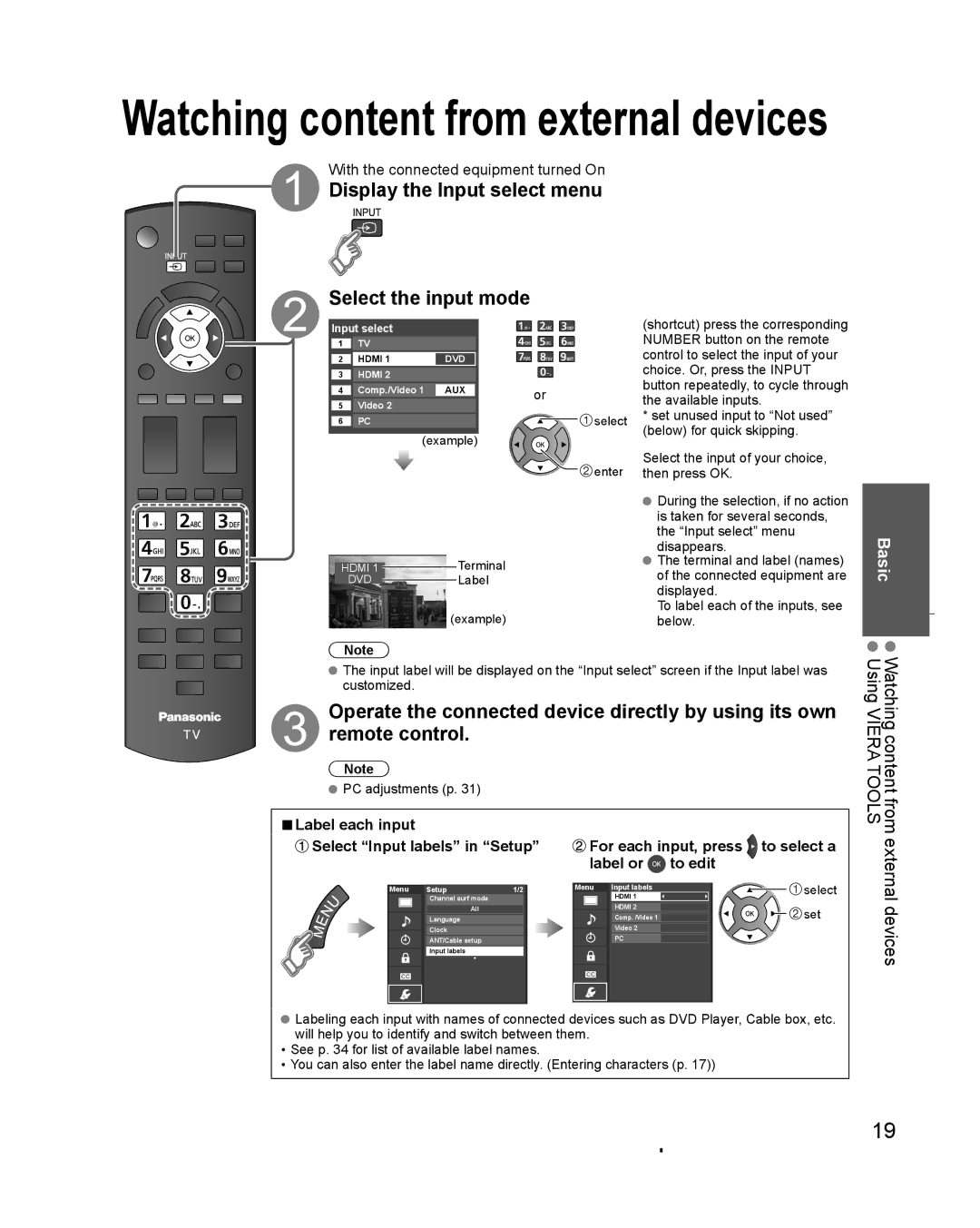 Panasonic TC-L32C3 owner manual Display the Input select menu Select the input mode, Label each input, PC adjustments p 