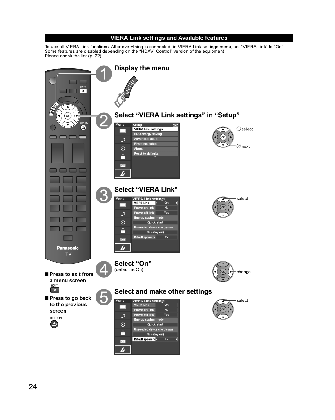 Panasonic TC-L32C3 Display the menu Select Viera Link settings in Setup, Viera Link settings and Available features 