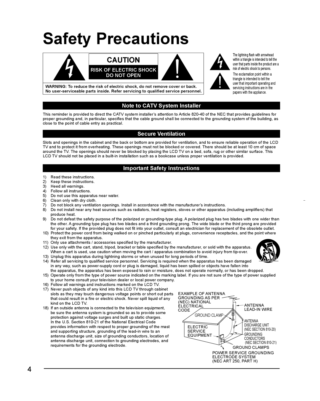 Panasonic TC-L32C3 owner manual Safety Precautions, Secure Ventilation, Important Safety Instructions 