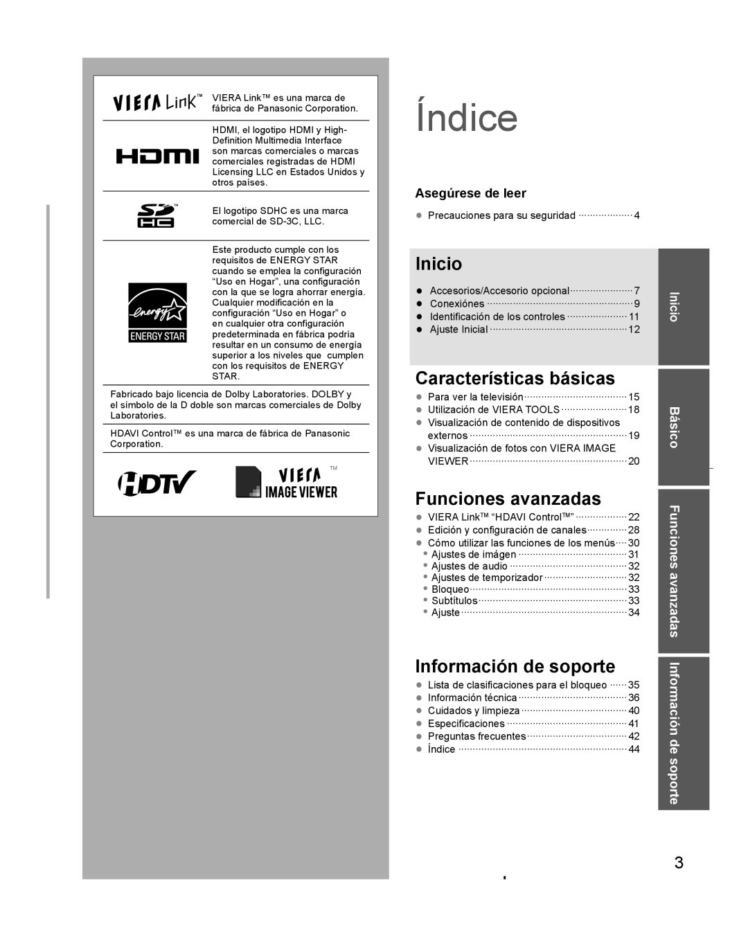 Panasonic TC-L32C3 Soporte, Precauciones para su seguridad ···················4, Visualización de fotos con Viera Image 