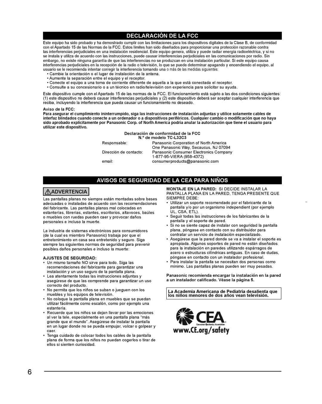 Panasonic TC-L32C3 owner manual Responsable Panasonic Corporation of North America, Dirección de contacto 