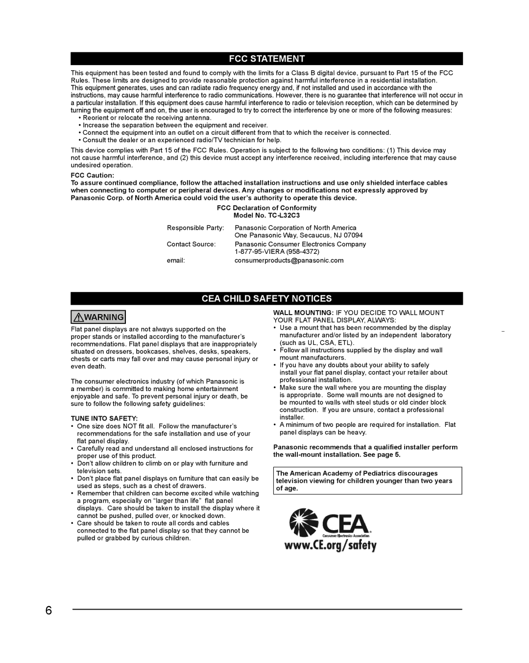 Panasonic TC-L32C3 owner manual Responsible Party Panasonic Corporation of North America, Contact Source, Viera 