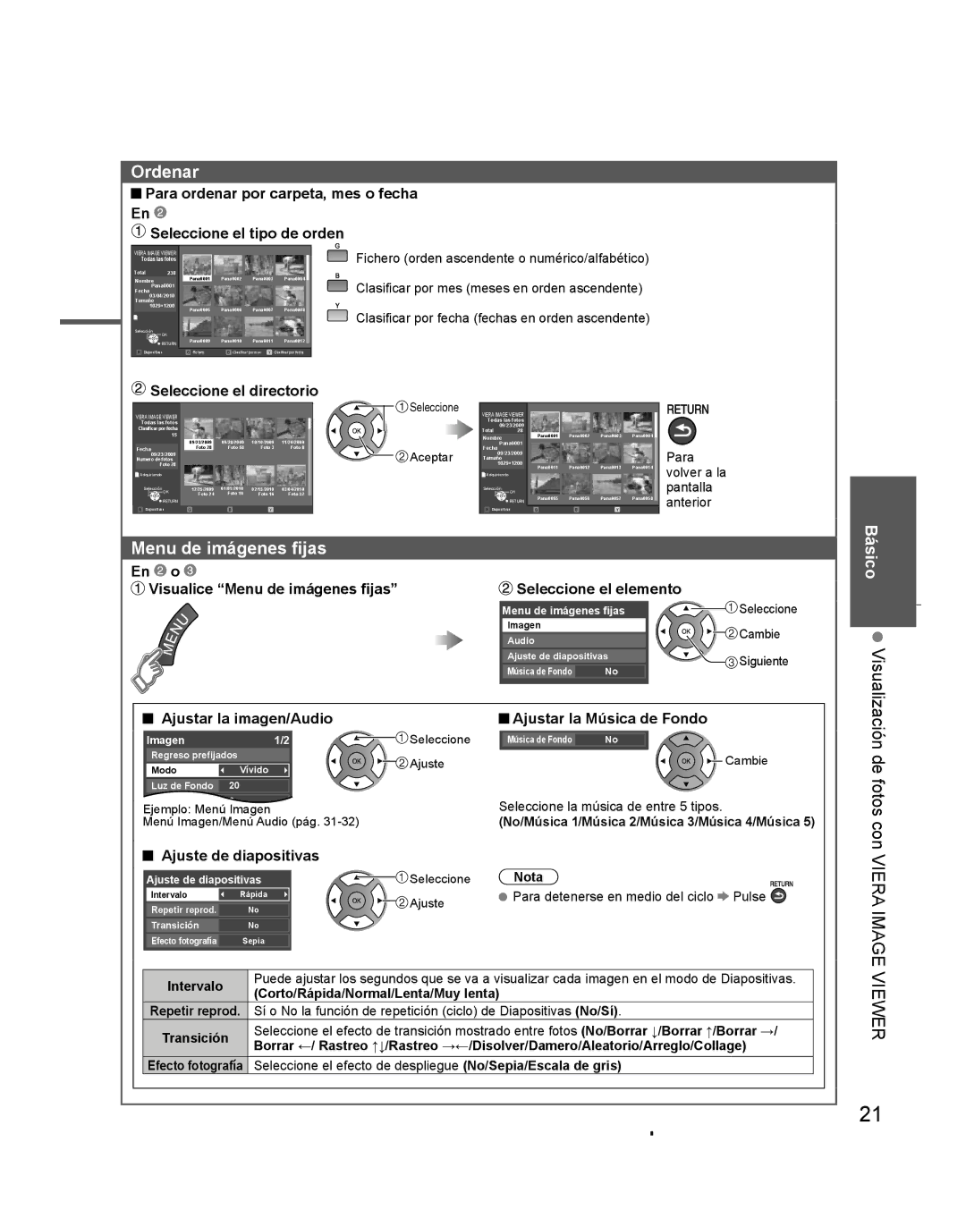 Panasonic TC-L32C3 owner manual Ordenar, Menu de imágenes fijas, Visualización de fotos con Viera Image Viewer 