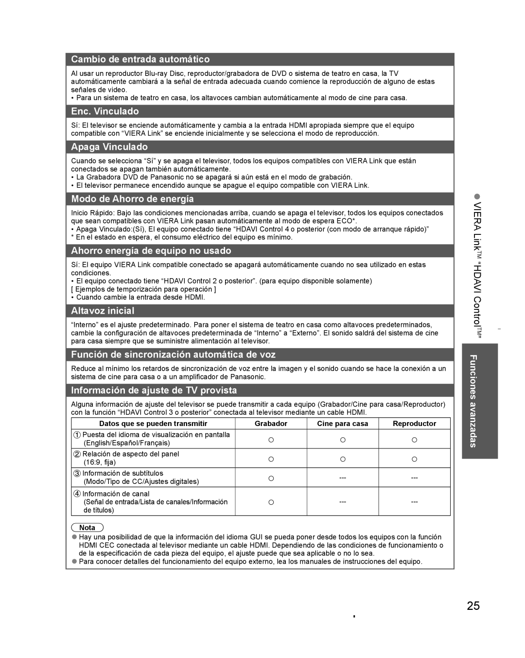 Panasonic TC-L32C3 owner manual Cambio de entrada automático, Enc. Vinculado, Apaga Vinculado, Modo de Ahorro de energía 