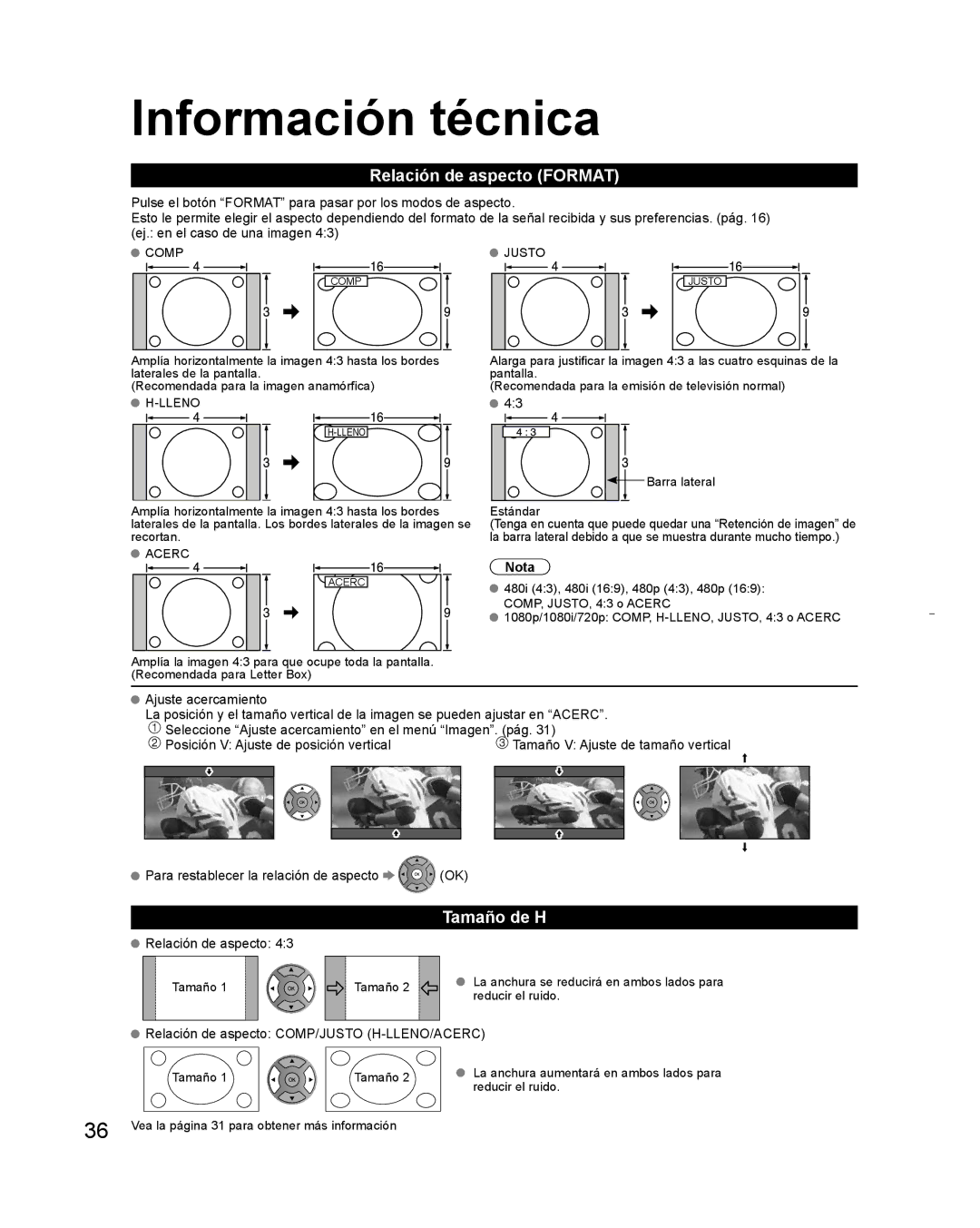 Panasonic TC-L32C3 owner manual Información técnica, Relación de aspecto Format, Tamaño de H 