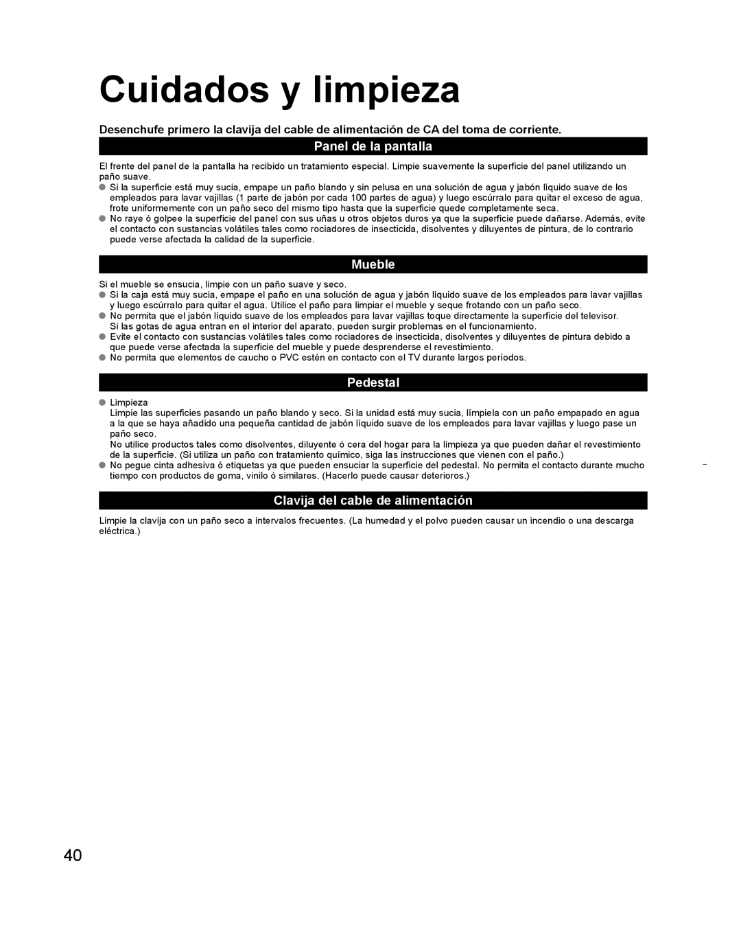 Panasonic TC-L32C3 owner manual Cuidados y limpieza, Panel de la pantalla, Mueble, Clavija del cable de alimentación 