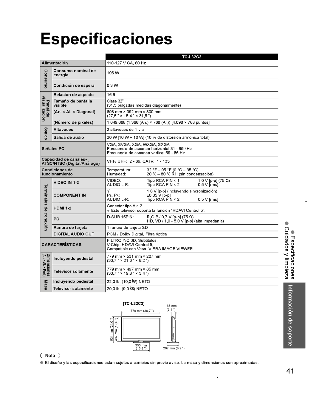 Panasonic TC-L32C3 owner manual Especificaciones 