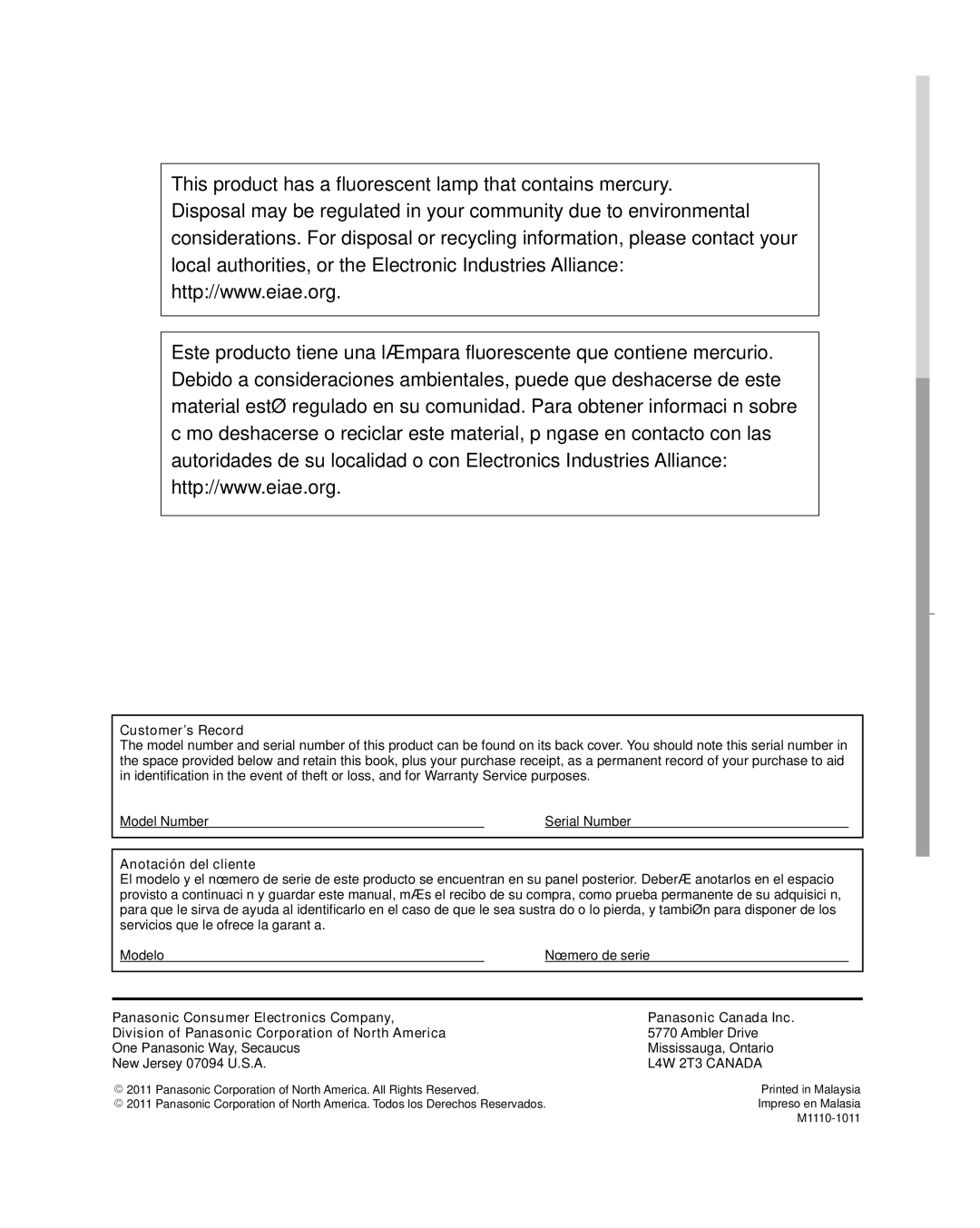 Panasonic TC-L32C3 owner manual Customer’s Record, Anotación del cliente, Ambler Drive 