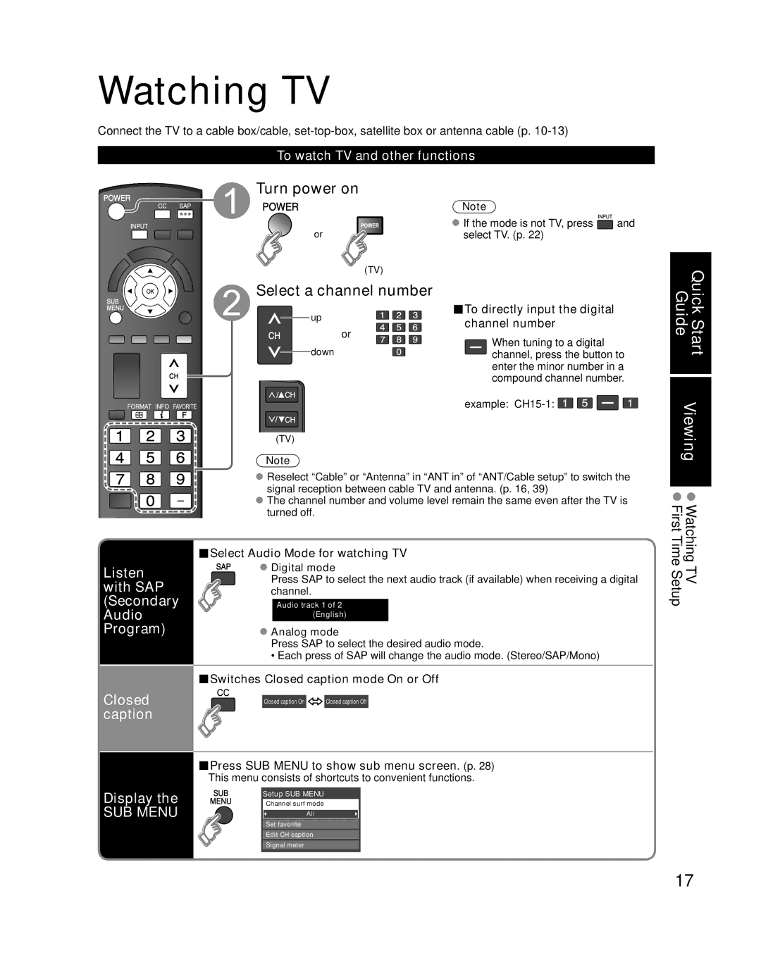 Panasonic TC-L37G1, TC-L32G1 quick start Watching TV, Turn power on Select a channel number, Closed caption Display 