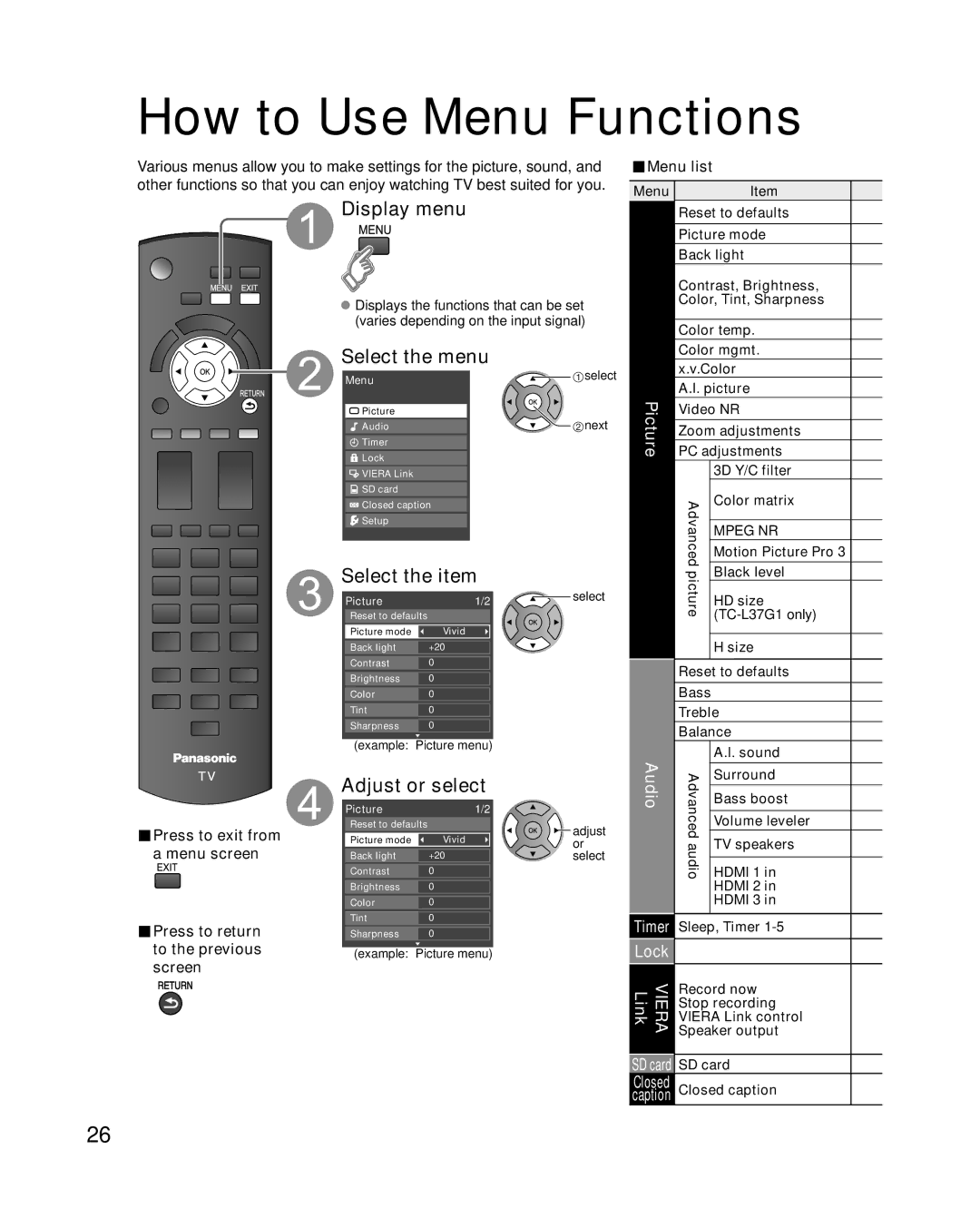 Panasonic TC-L32G1, TC-L37G1 quick start How to Use Menu Functions, Display menu, Select the menu, Adjust or select 