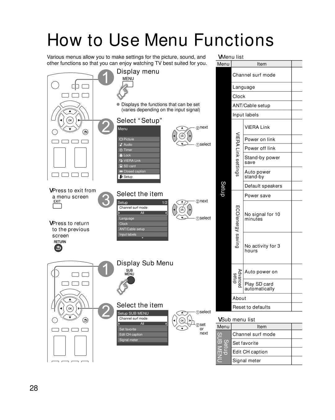 Panasonic TC-L32G1, TC-L37G1 quick start Display Sub Menu, Sub menu list 