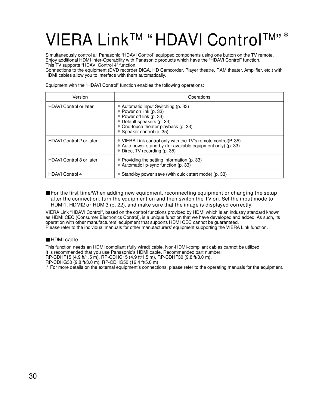 Panasonic TC-L32G1, TC-L37G1 quick start Viera LinkTM Hdavi ControlTM, Hdmi cable 