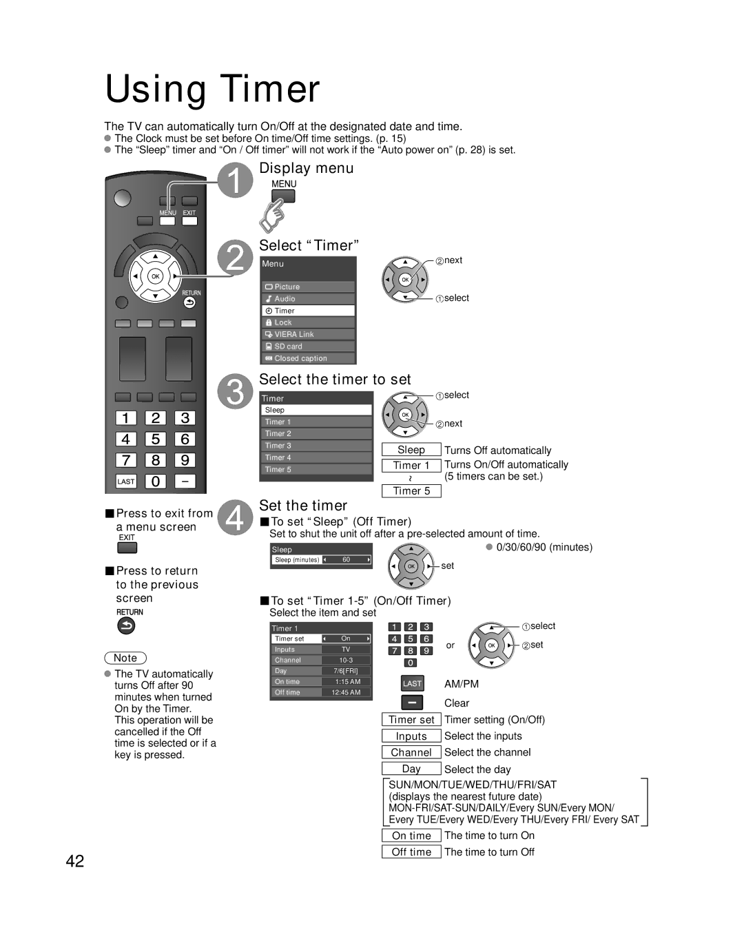 Panasonic TC-L32G1, TC-L37G1 quick start Using Timer, Display menu Select Timer, Select the timer to set, Set the timer 