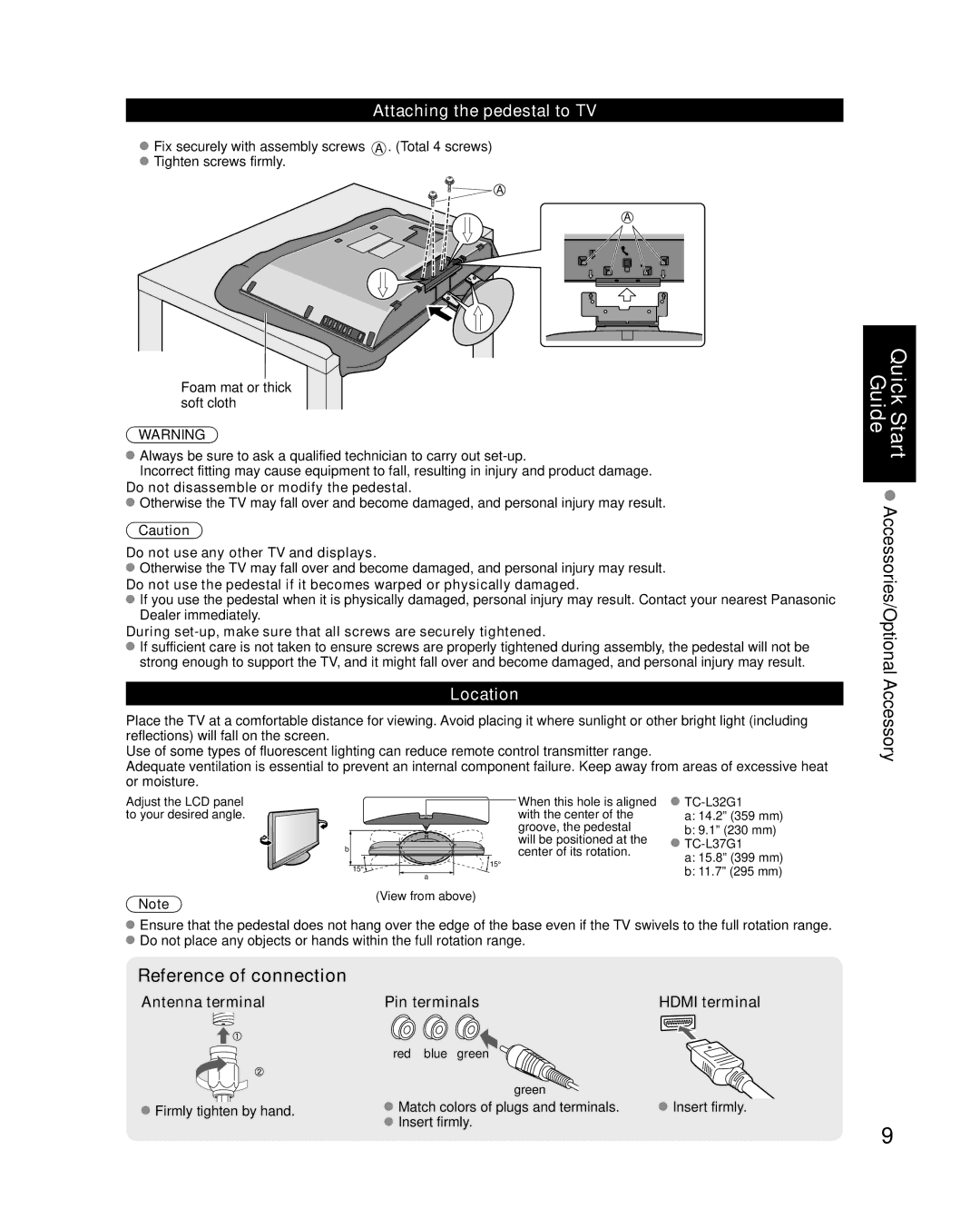 Panasonic TC-L37G1, TC-L32G1 Attaching the pedestal to TV, Location, Antenna terminal, Pin terminals Hdmi terminal 