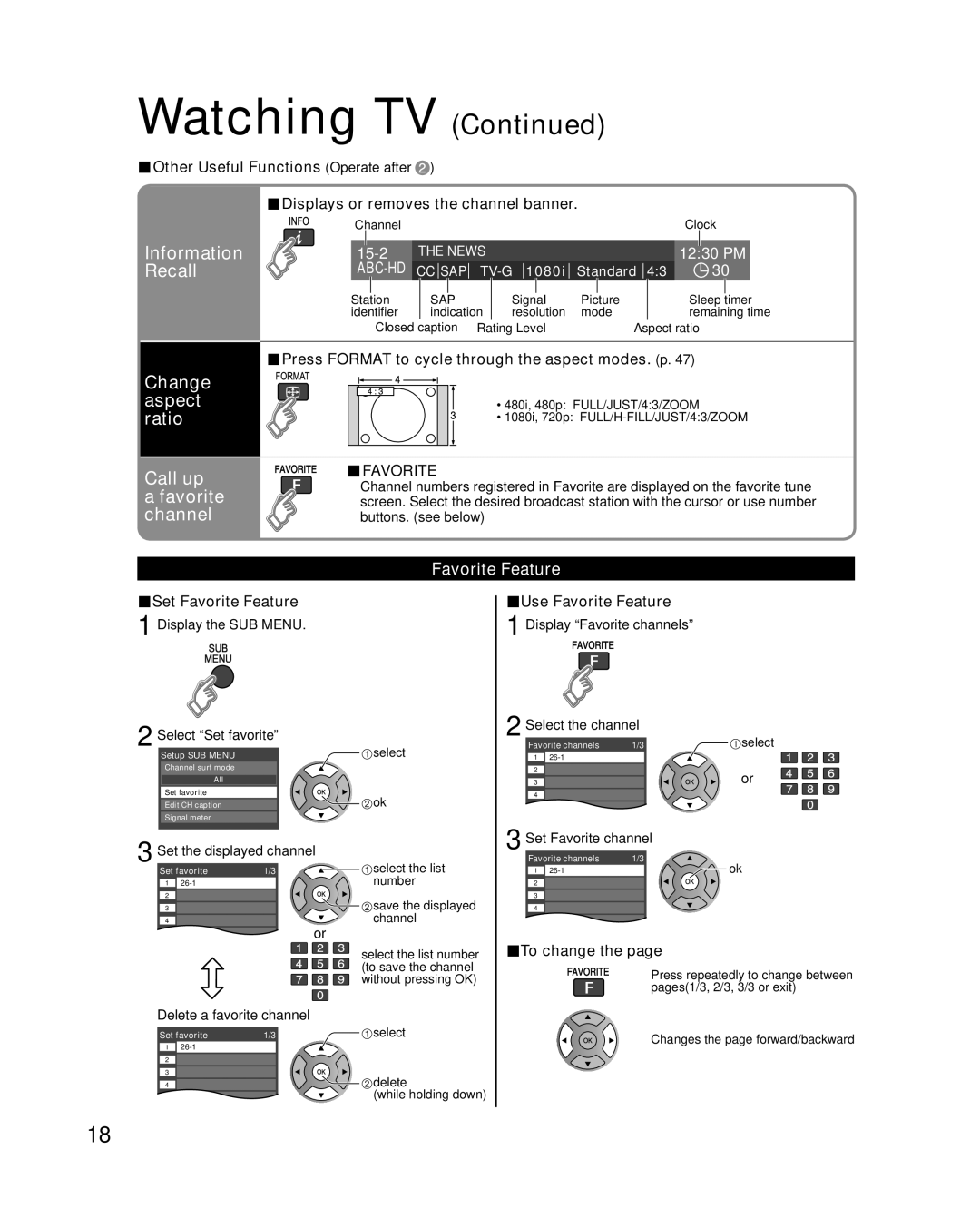 Panasonic TC-L32X1, TC-L26X1, TC-L37X1 Information, Recall, Change aspect ratio Call up Favorite channel, Favorite Feature 