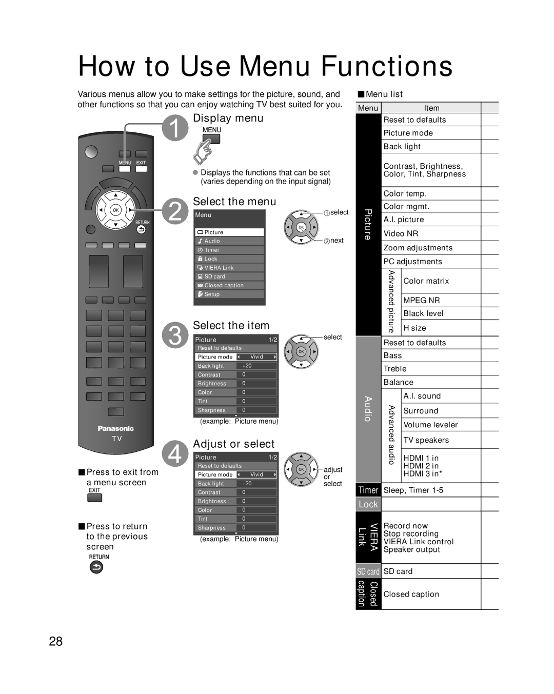 Panasonic TC-L26X1, TC-L32X1, TC-L37X1 quick start How to Use Menu Functions, Display menu, Select the menu, Adjust or select 