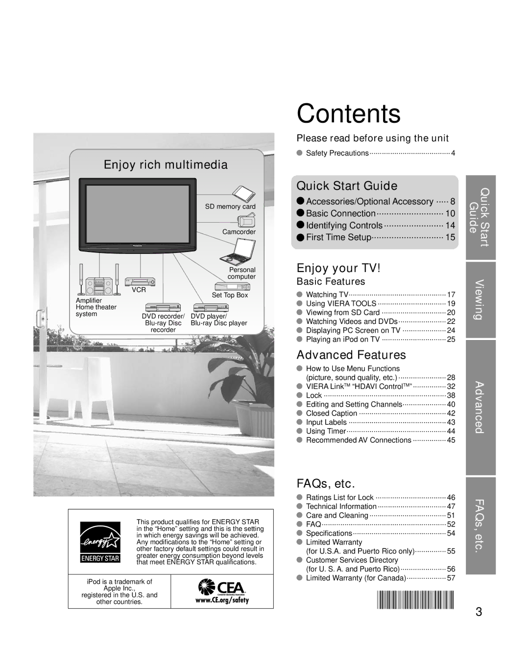 Panasonic TC-L32X1, TC-L26X1, TC-L37X1 quick start Contents 