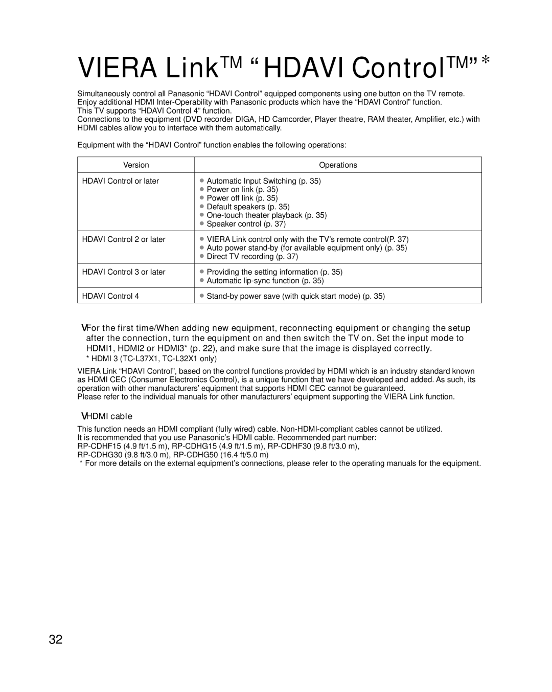 Panasonic TC-L37X1, TC-L32X1, TC-L26X1 quick start Viera LinkTM Hdavi ControlTM, Hdmi cable 