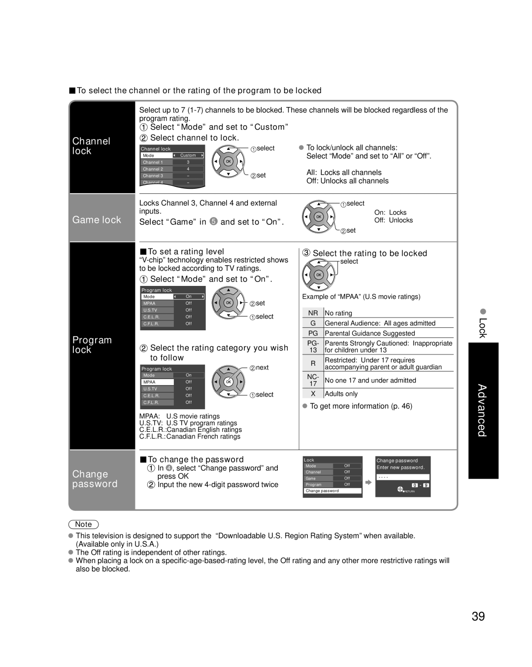 Panasonic TC-L32X1, TC-L26X1, TC-L37X1 quick start Channel lock, Game lock, Program lock, Change password 