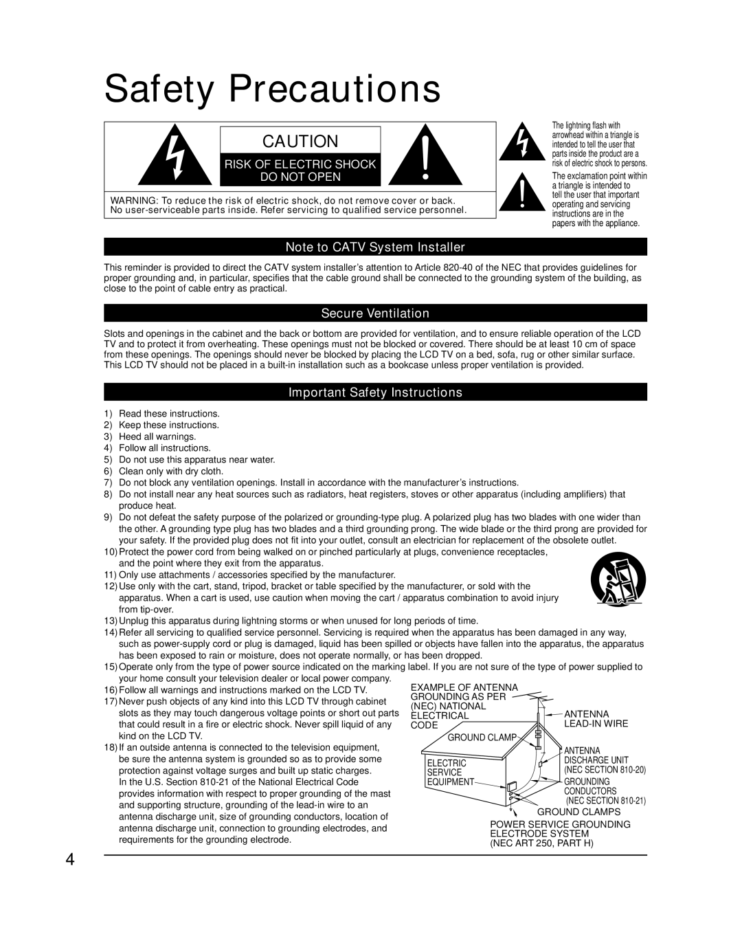 Panasonic TC-L26X1, TC-L32X1, TC-L37X1 quick start Safety Precautions, Secure Ventilation, Important Safety Instructions 