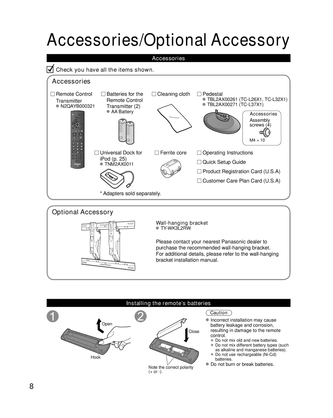 Panasonic TC-L37X1, TC-L32X1, TC-L26X1 quick start Accessories/Optional Accessory, Installing the remote’s batteries 