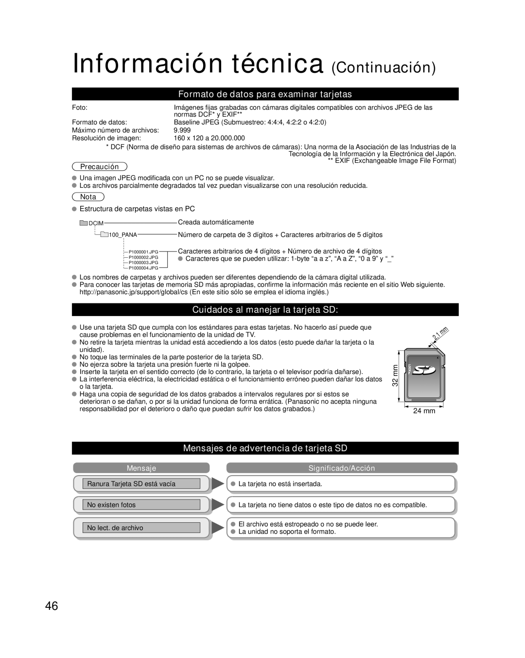 Panasonic TC-L32X2, TC-L37X2 quick start Información técnica Continuación, Formato de datos para examinar tarjetas 