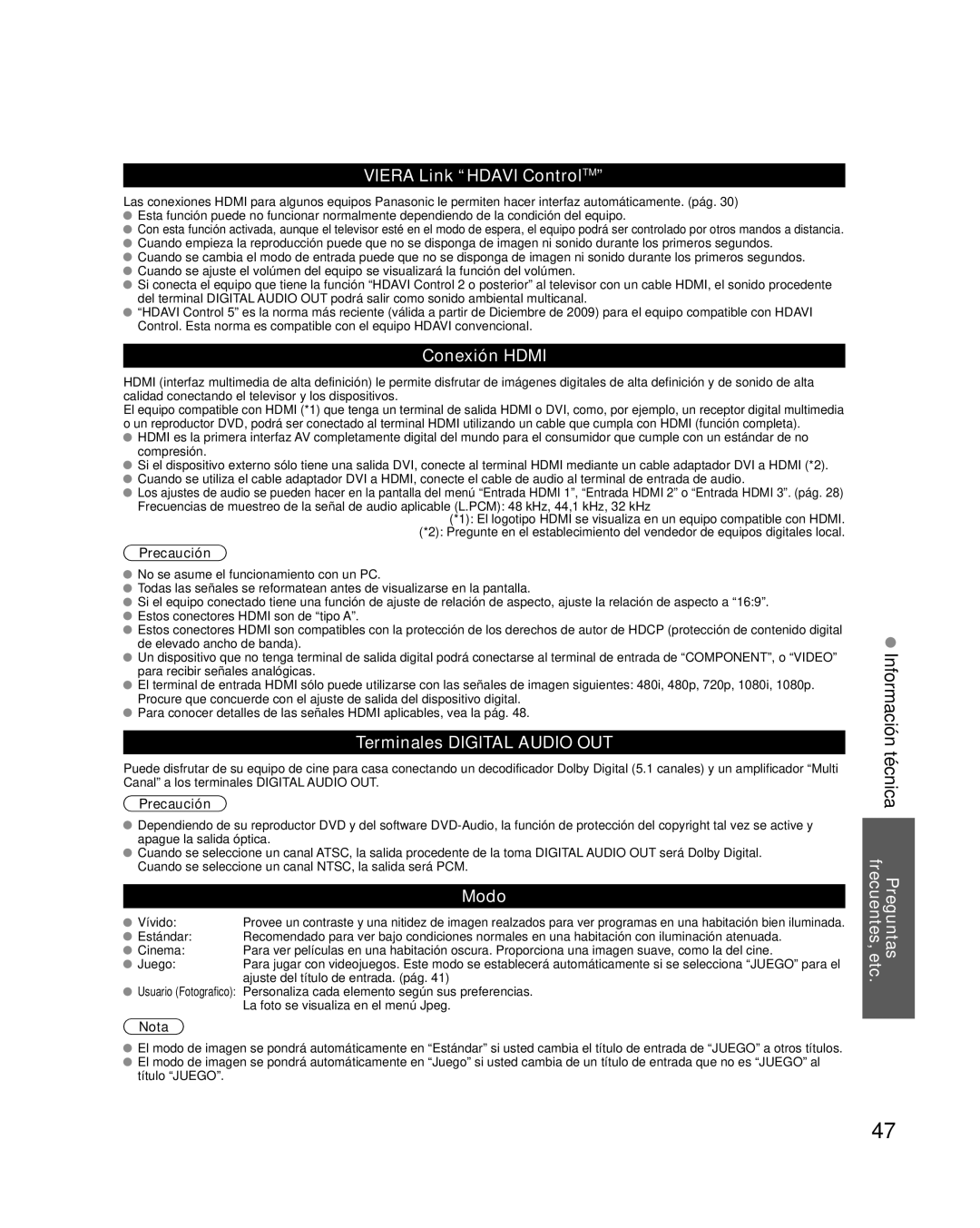 Panasonic TC-L37X2 Información técnica Preguntas frecuentes, etc, Viera Link Hdavi ControlTM, Conexión Hdmi, Modo 