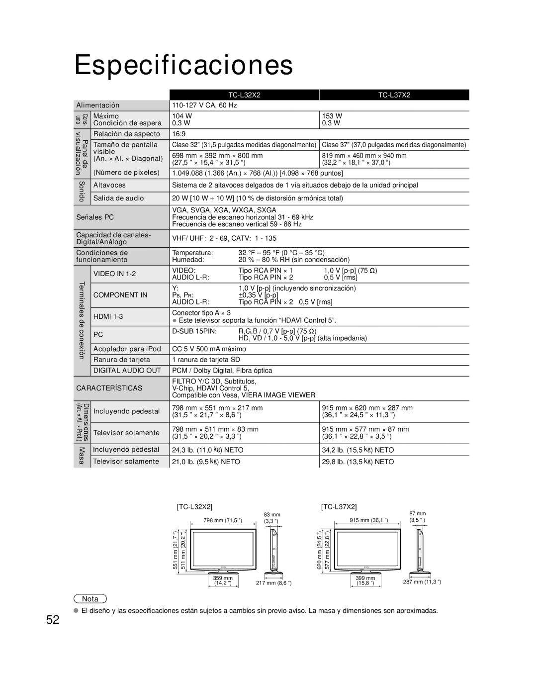 Panasonic TC-L32X2, TC-L37X2 quick start Especificaciones 