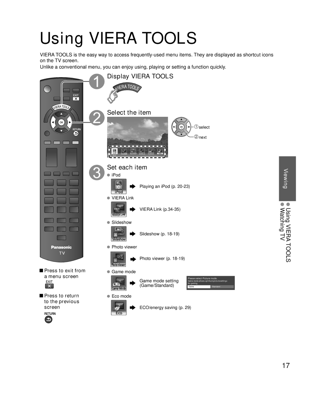 Panasonic TC-L37X2, TC-L32X2 quick start Using Viera Tools, Display Viera Tools Select the item, Set each item 