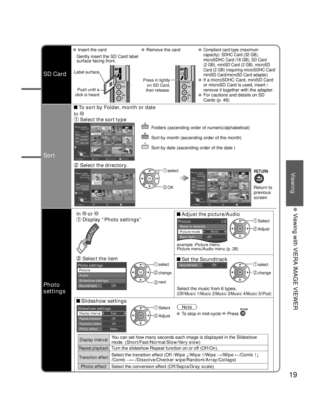 Panasonic TC-L37X2, TC-L32X2 quick start SD Card, Sort, Viewing with Viera Image, Photo settings 